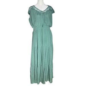 Luxology Green Lace Trim Boho Maxi Dress Size L Smocked Waist Tassel Tie